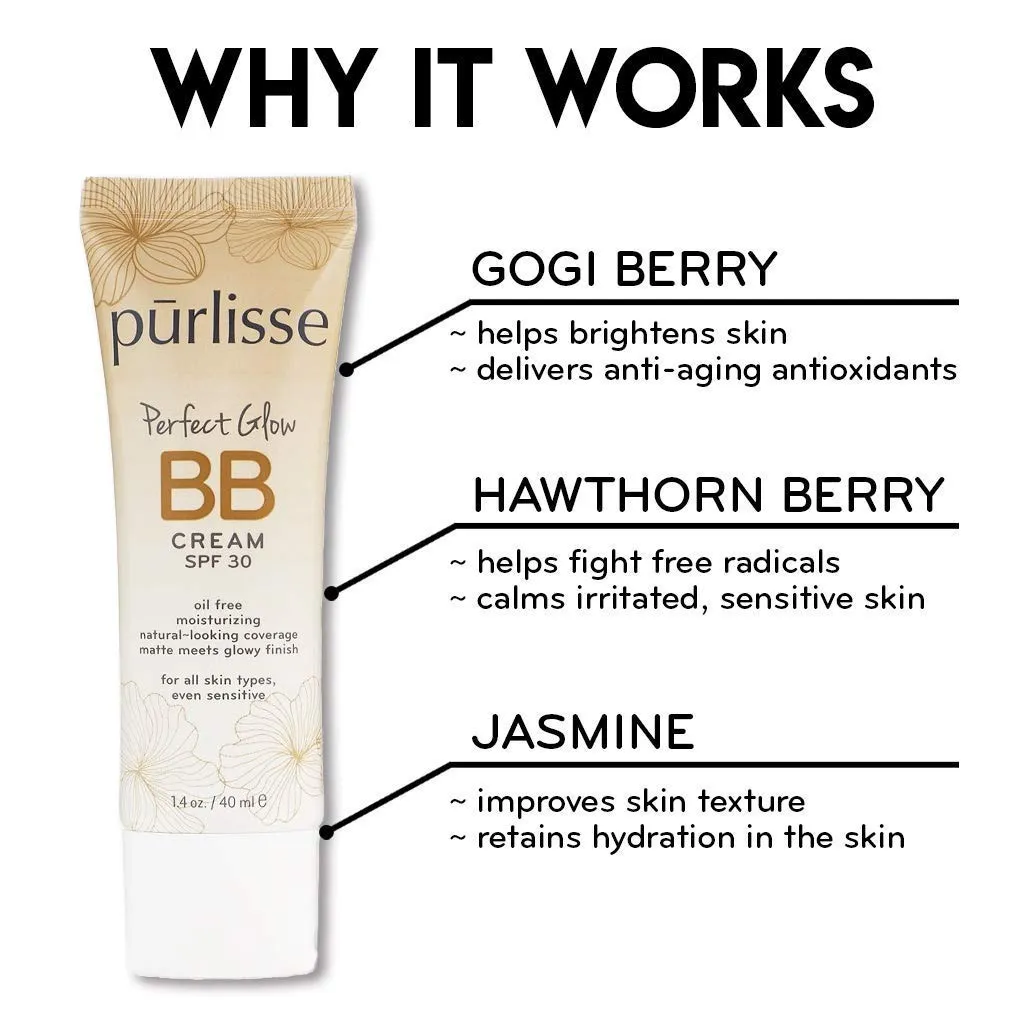 purlisse Perfect Glow BB Cream SPF 30: Clean & Cruelty-Free, Medium Flawless Coverage, Hydrates with Jasmine | Medium 1.4oz